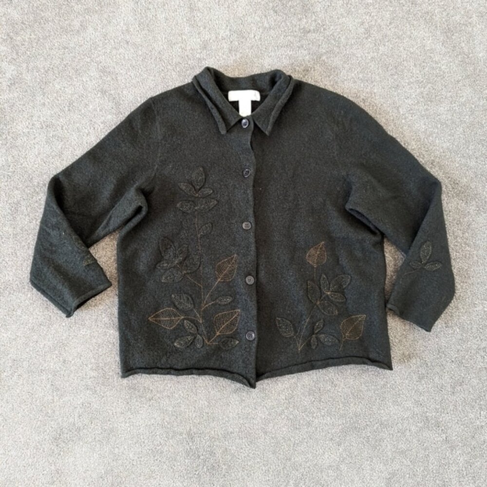 Jones New York Flower Embroidered Wool Cardigan Women's Large Dark Green